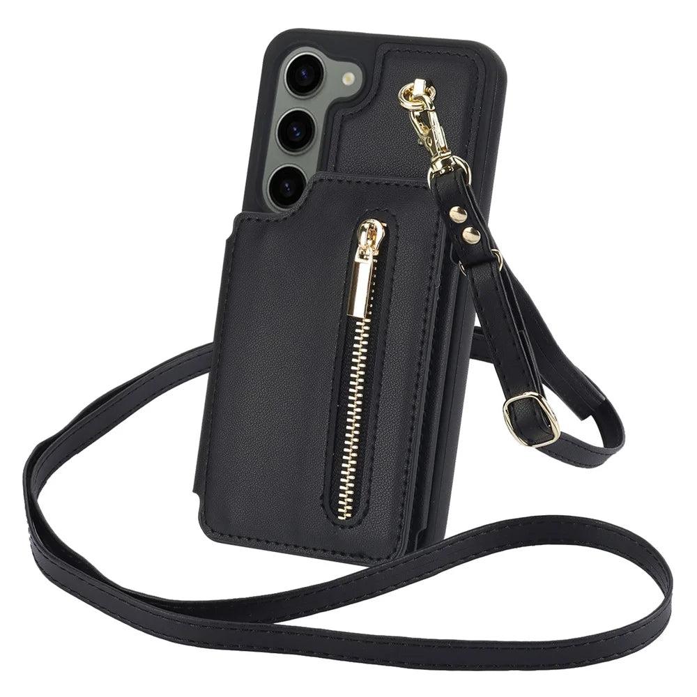 For Samsung Galaxy S23 Case with Card Holder Crossbody Leather Back Cover RFID Blocking - Black - 1