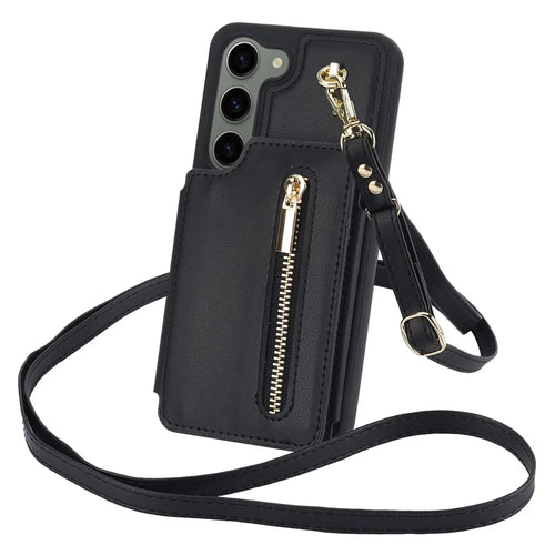 For Samsung Galaxy S23 Case with Card Holder Crossbody Leather Back Cover RFID Blocking - Black - 1