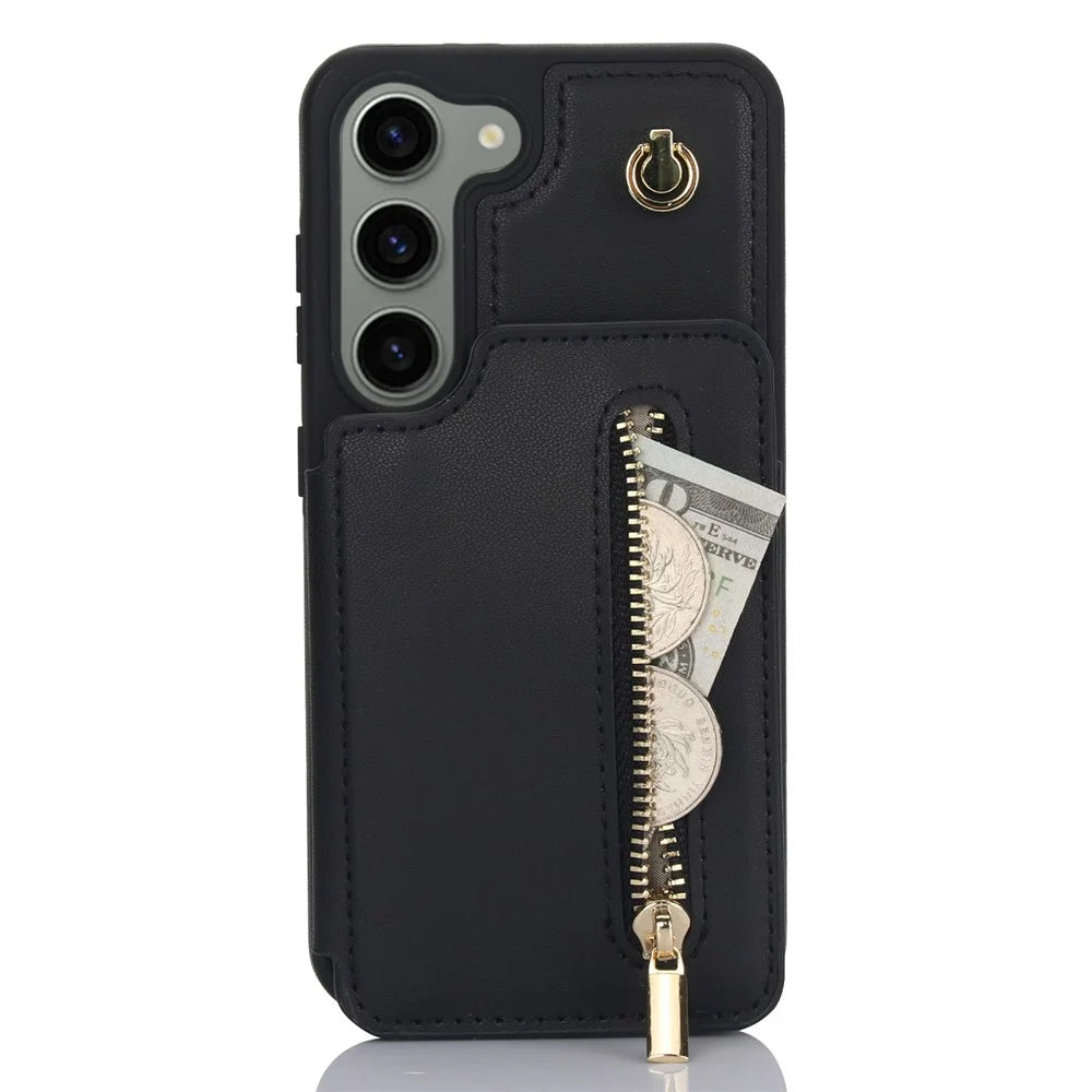 For Samsung Galaxy S23 Case with Card Holder Crossbody Leather Back Cover RFID Blocking - Black - 2