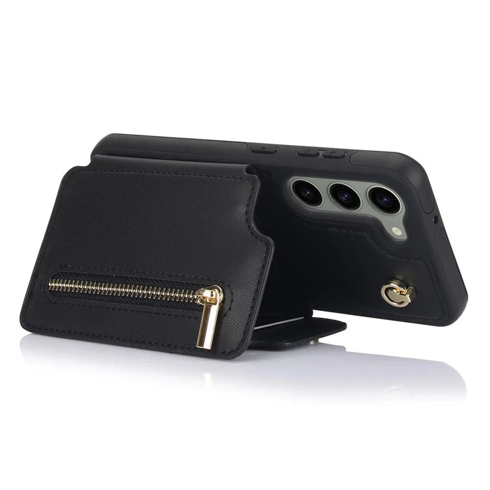 For Samsung Galaxy S23 Case with Card Holder Crossbody Leather Back Cover RFID Blocking - Black - 5