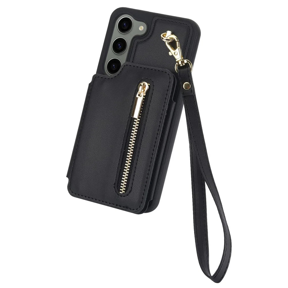 For Samsung Galaxy S23 Case with Card Holder Crossbody Leather Back Cover RFID Blocking - Black - 7