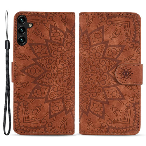 For Samsung Galaxy A25 5G (Global) (161.0 x 76.5 x 8.3mm) Case Flower Imprinted PU Leather Phone Cover - Brown - 1