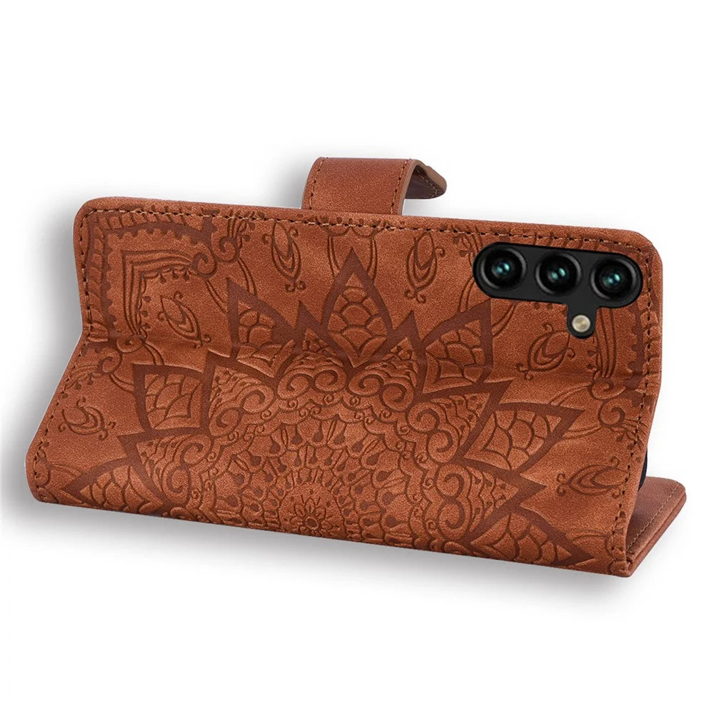 For Samsung Galaxy A25 5G (Global) (161.0 x 76.5 x 8.3mm) Case Flower Imprinted PU Leather Phone Cover - Brown - 3