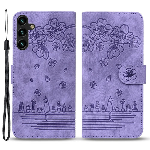 For Samsung Galaxy A25 5G (Global) (161.0 x 76.5 x 8.3mm) Leather Case Flower Cat Pattern Phone Cover Wallet - Purple - 1