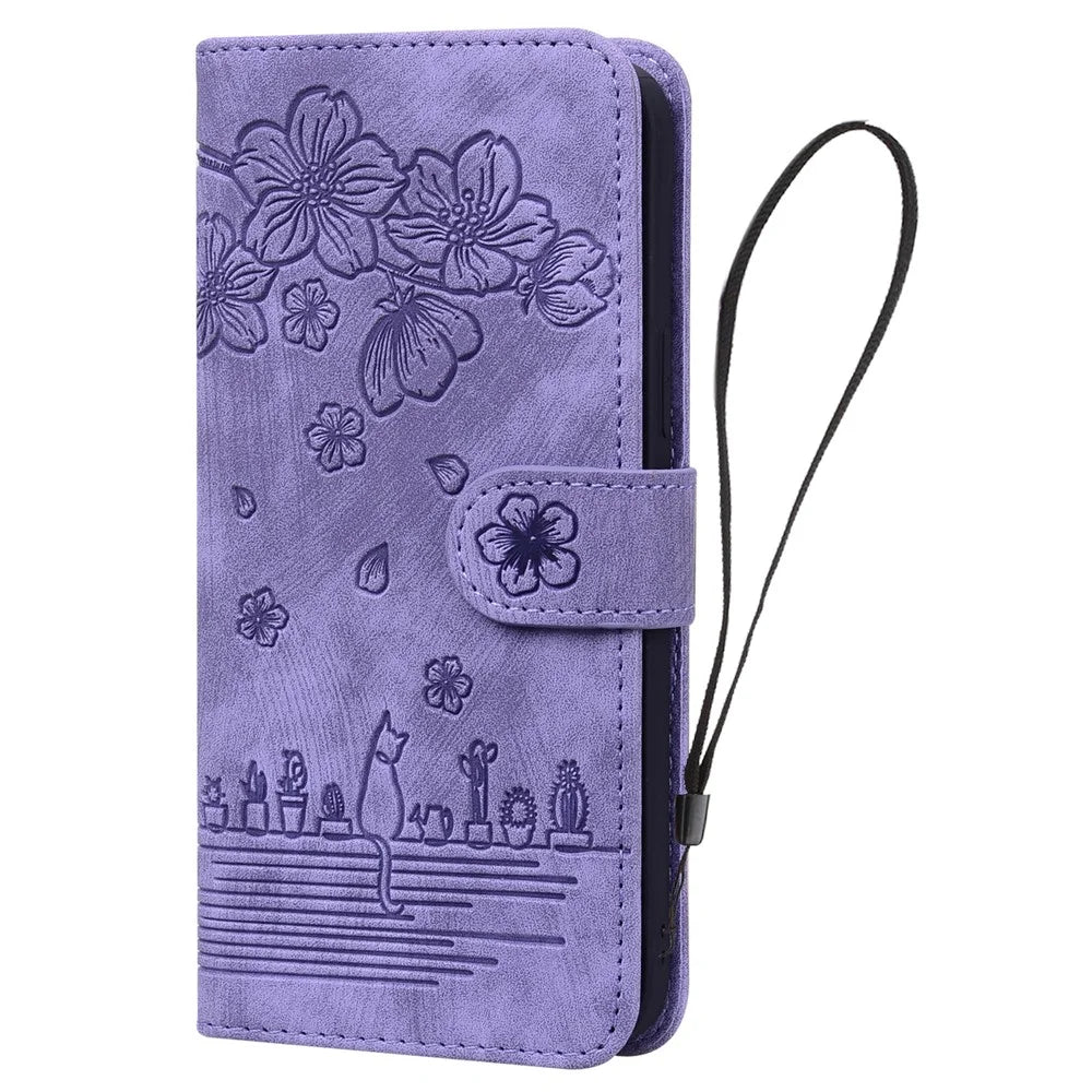 For Samsung Galaxy A25 5G (Global) (161.0 x 76.5 x 8.3mm) Leather Case Flower Cat Pattern Phone Cover Wallet - Purple - 5