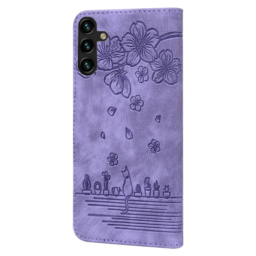 For Samsung Galaxy A25 5G (Global) (161.0 x 76.5 x 8.3mm) Leather Case Flower Cat Pattern Phone Cover Wallet - Purple - 6