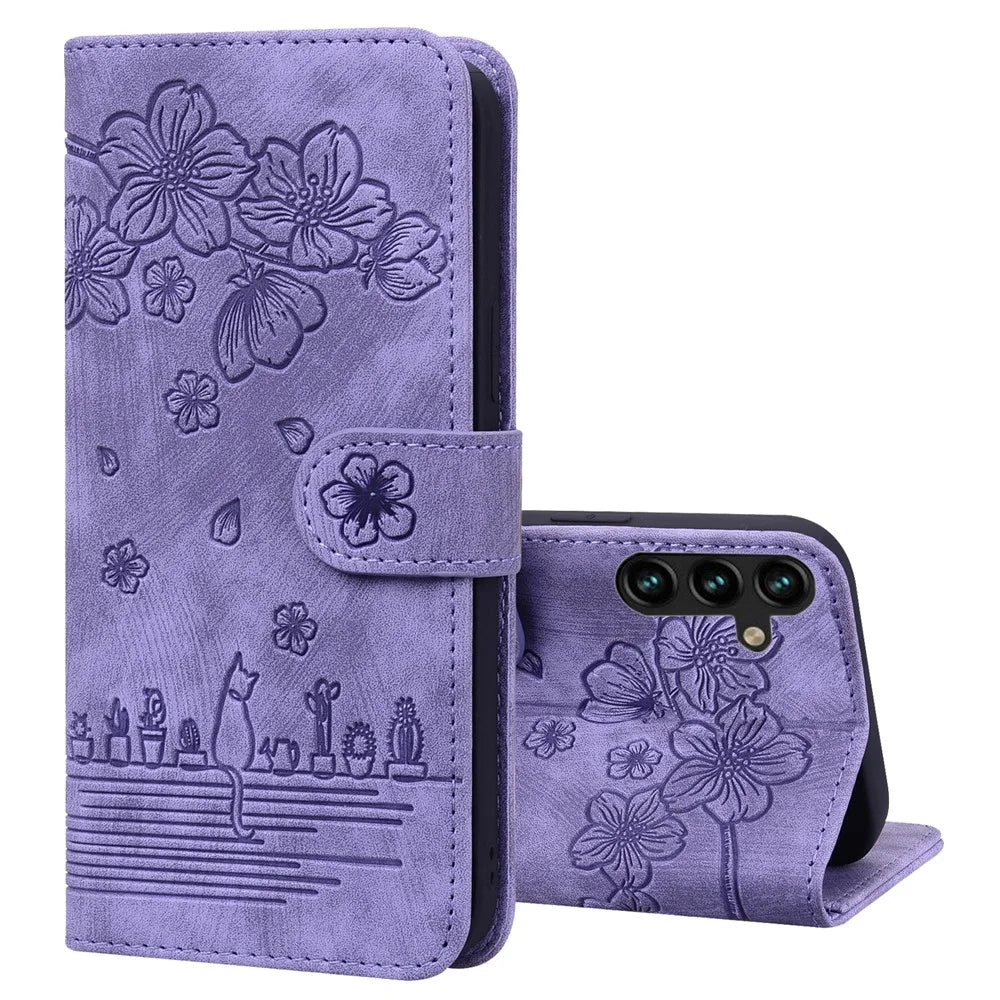 For Samsung Galaxy A25 5G (Global) (161.0 x 76.5 x 8.3mm) Leather Case Flower Cat Pattern Phone Cover Wallet - Purple - 7