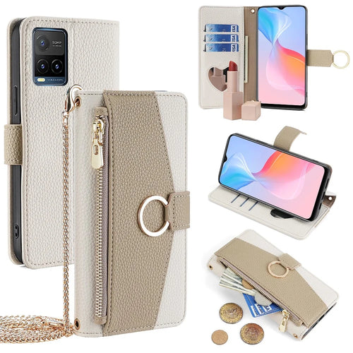 For vivo Y21 / Y21s / Y33s Phone Case PU Leather Crossbody Wallet Cover with Makeup Mirror - White - 1