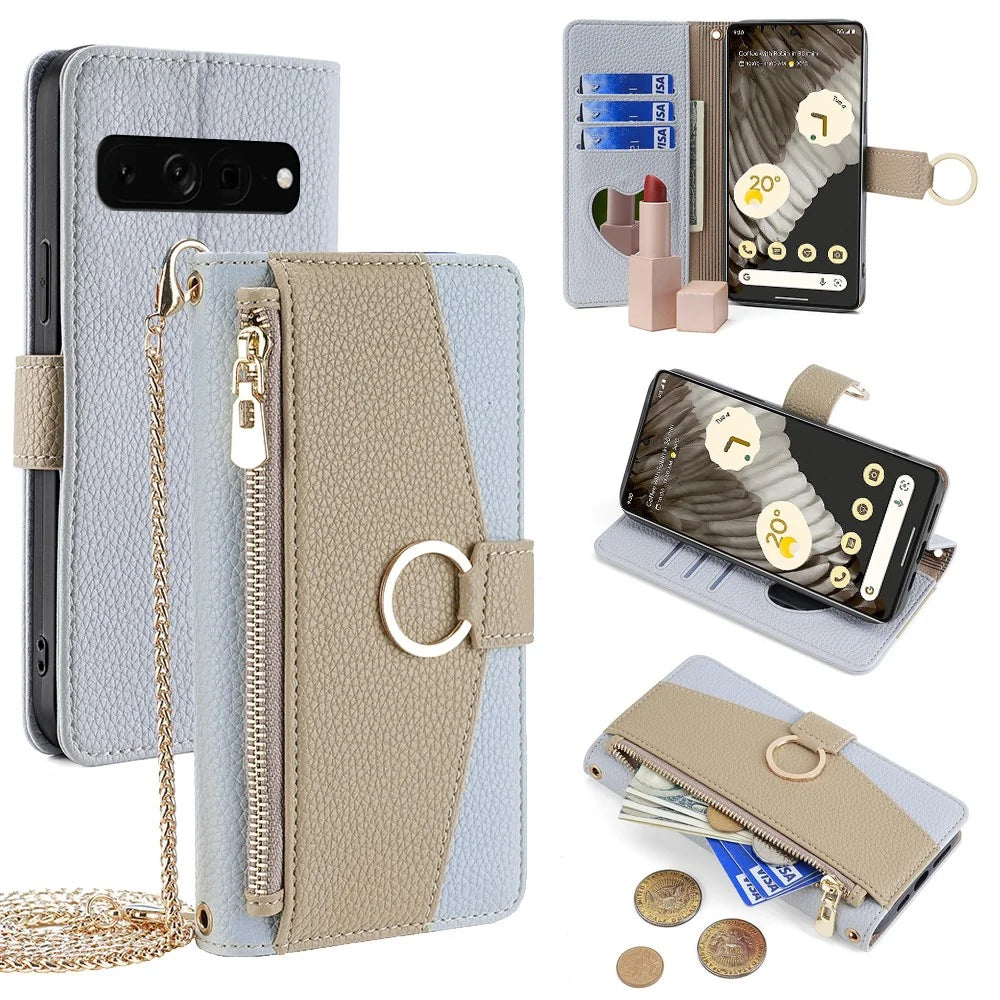 For Google Pixel 7 Pro 5G Crossbody Wallet Case PU Leather Makeup Mirror Phone Cover - Blue - 1