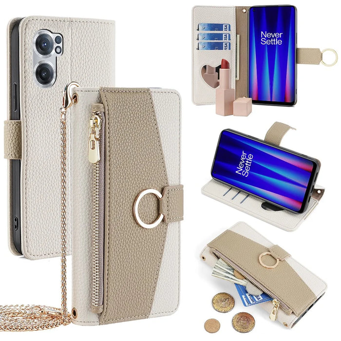 For OnePlus Nord CE 2 5G Crossbody Phone Case Purse PU Leather Cover with Makeup Mirror - White - 1