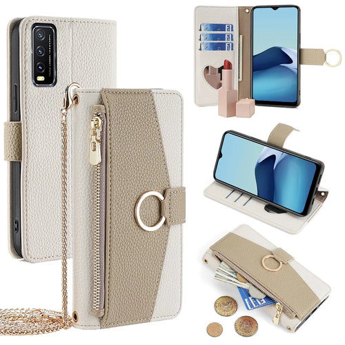 For vivo Y20 / Y20i / Y20s / Y11s / iQOO U1x / Y12s Case Zipper PU Leather Purse Crossbody Phone Cover - White - 1