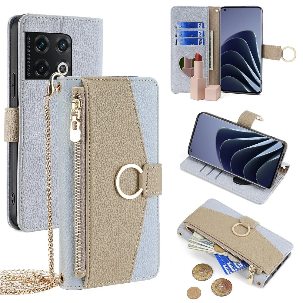 For OnePlus 10 Pro 5G Crossbody Wallet Case PU Leather Zipper Purse Phone Cover Makeup Mirror - Blue - 1