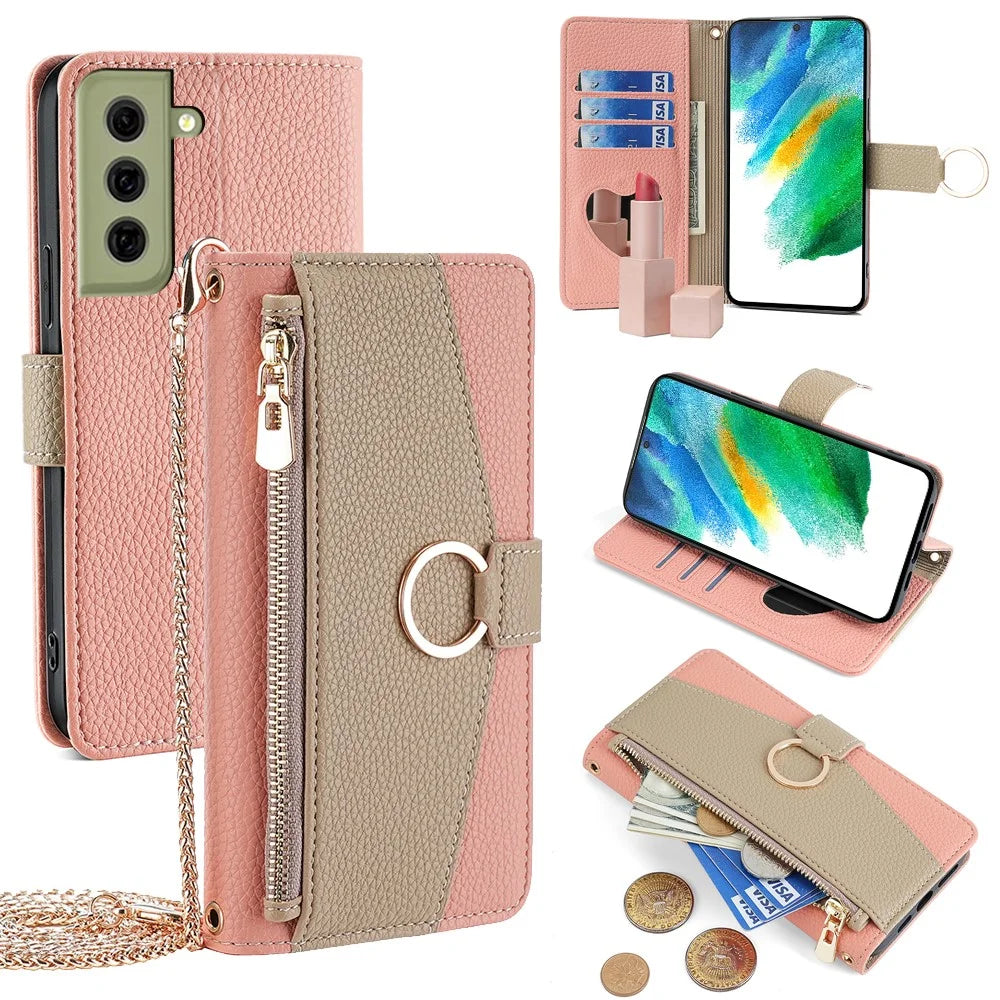 For Samsung Galaxy S21 FE 5G Wallet Phone Case with Crossbody Lanyard Zipper Leather Cover - Pink - 1