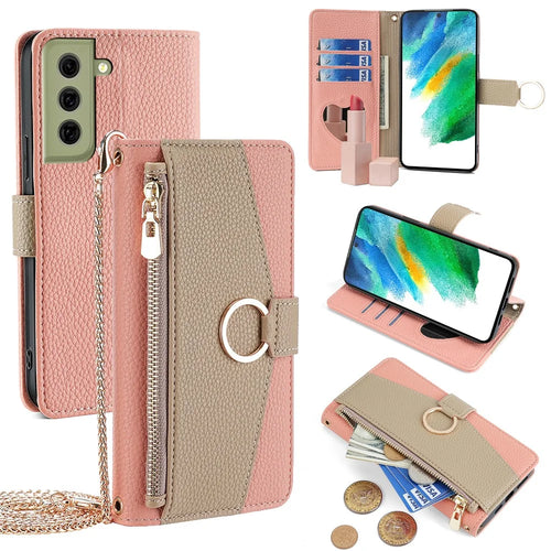 For Samsung Galaxy S21 FE 5G Wallet Phone Case with Crossbody Lanyard Zipper Leather Cover - Pink - 1