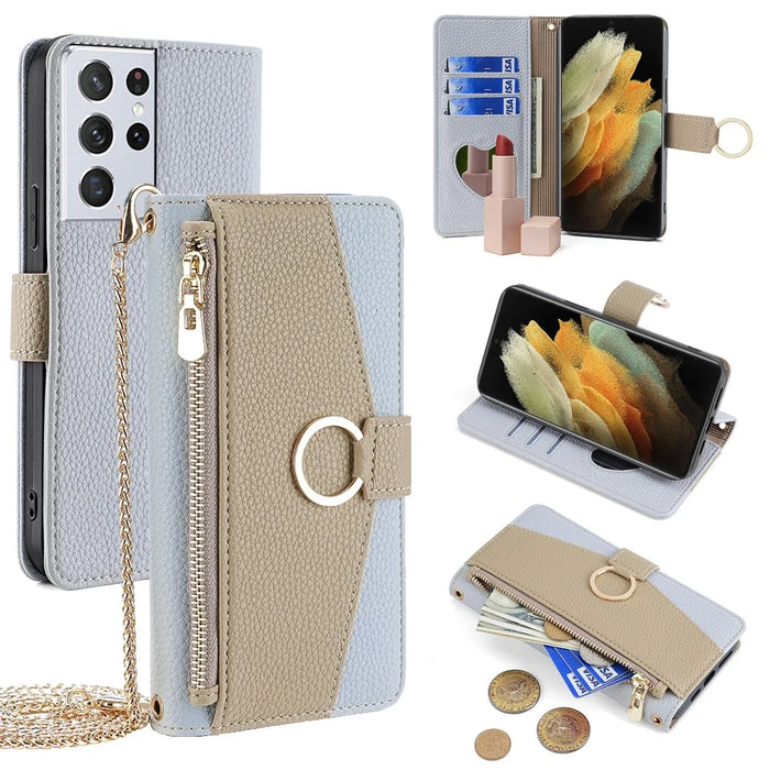 For Samsung Galaxy S21 Ultra 5G Phone Case PU Leather Zipper Makeup Mirror Wallet Cover - Blue - 1