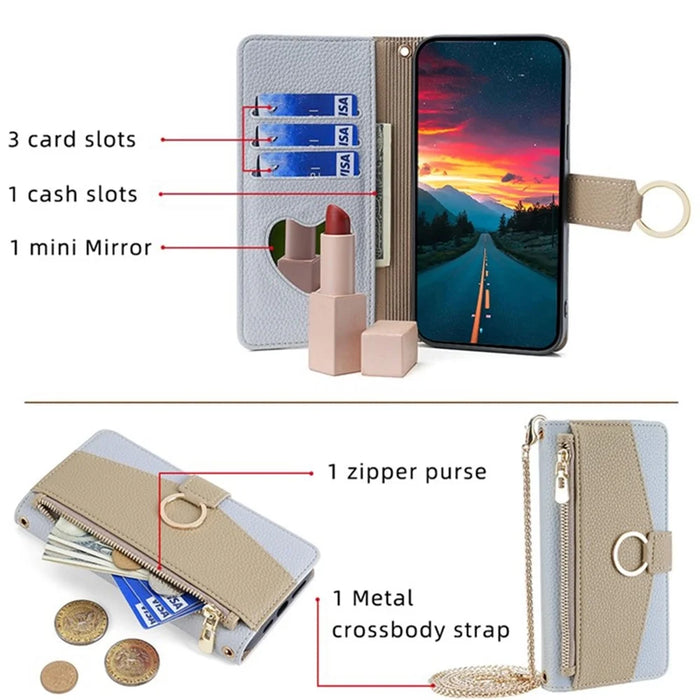 For Samsung Galaxy S21 Ultra 5G Phone Case PU Leather Zipper Makeup Mirror Wallet Cover - Blue - 4