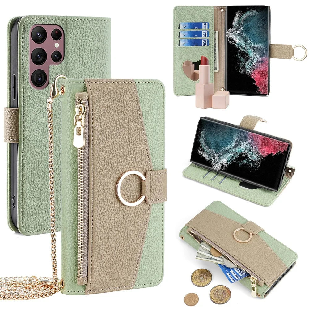 For Samsung Galaxy S22 Ultra 5G Case Crossbody Zipper Leather Wallet Phone Cover - Green - 1