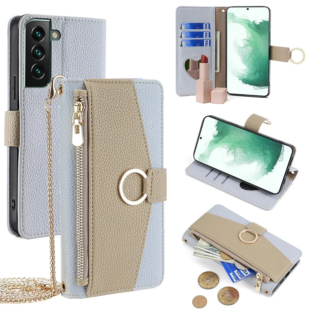 For Samsung Galaxy S22+ 5G Zipper Pocket Case PU Leather Crossbody Phone Cover Wallet - Blue - 1