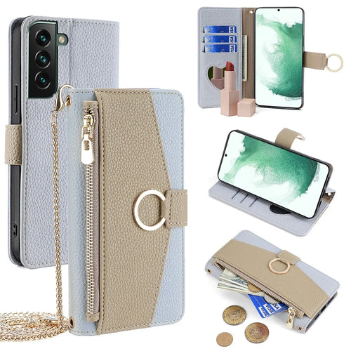 For Samsung Galaxy S22+ 5G Zipper Pocket Case PU Leather Crossbody Phone Cover Wallet - Blue - 1