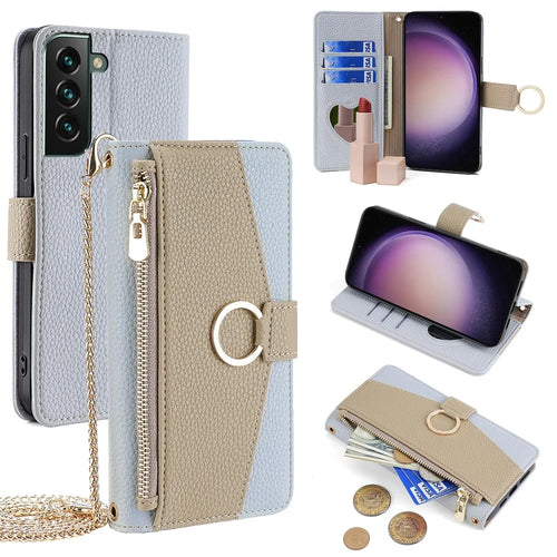 For Samsung Galaxy S23 FE Case PU Leather Zipper Pocket Crossbody Phone Pouch Cover - Blue - 1