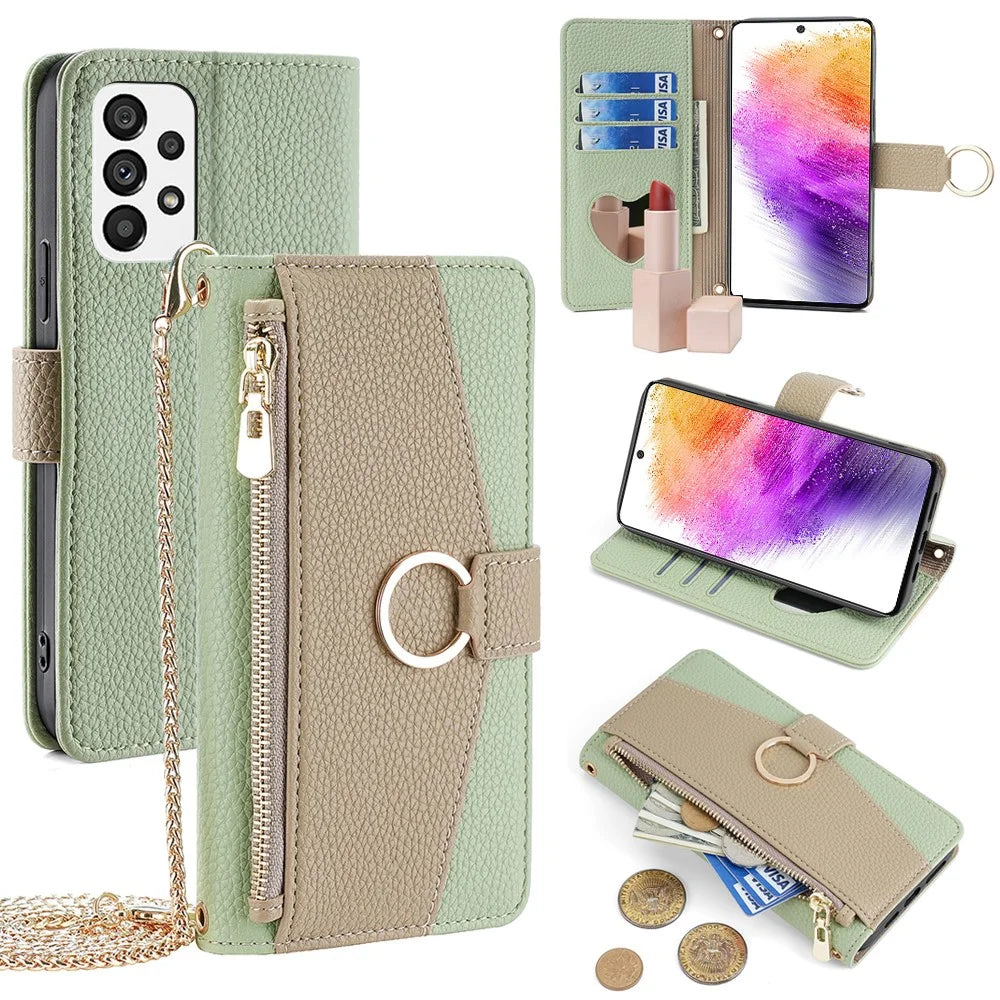 For Samsung Galaxy A73 5G Zipper Flip Cover PU Leather Phone Case with Crossbody Strap - Green - 1