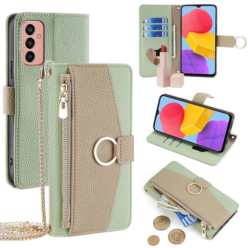 For Samsung Galaxy M13 4G Leather Case Zipper Wallet Makeup Mirror Phone Cover with Shoulder Strap - Green - 1