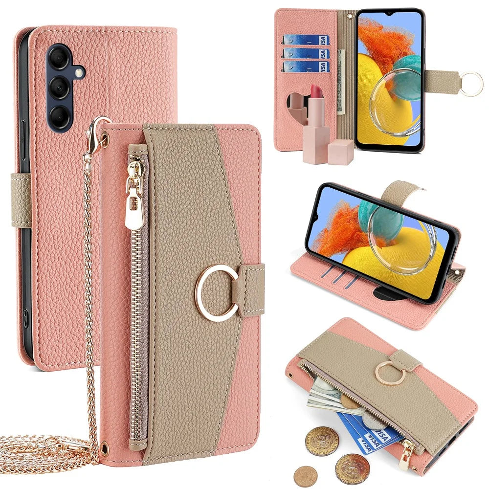 For Samsung Galaxy M14 5G Crossbody Phone Case PU Leather Zipper Stand Flip Cover - Pink - 1