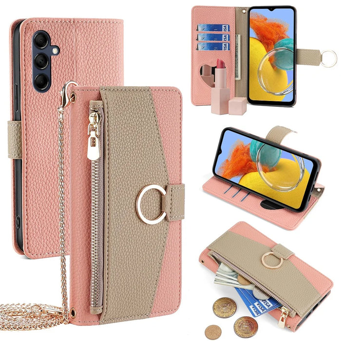 For Samsung Galaxy M14 5G Crossbody Phone Case PU Leather Zipper Stand Flip Cover - Pink - 1