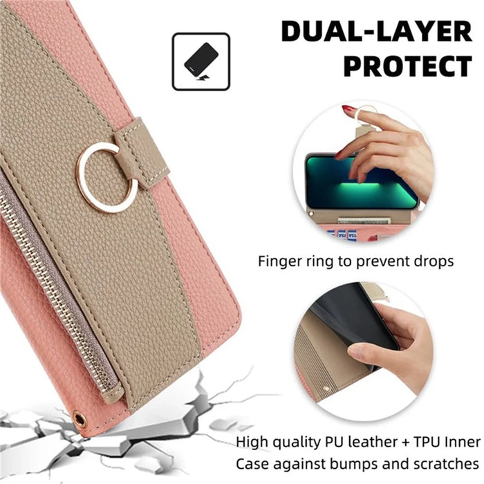 For Samsung Galaxy M14 5G Crossbody Phone Case PU Leather Zipper Stand Flip Cover - Pink - 5