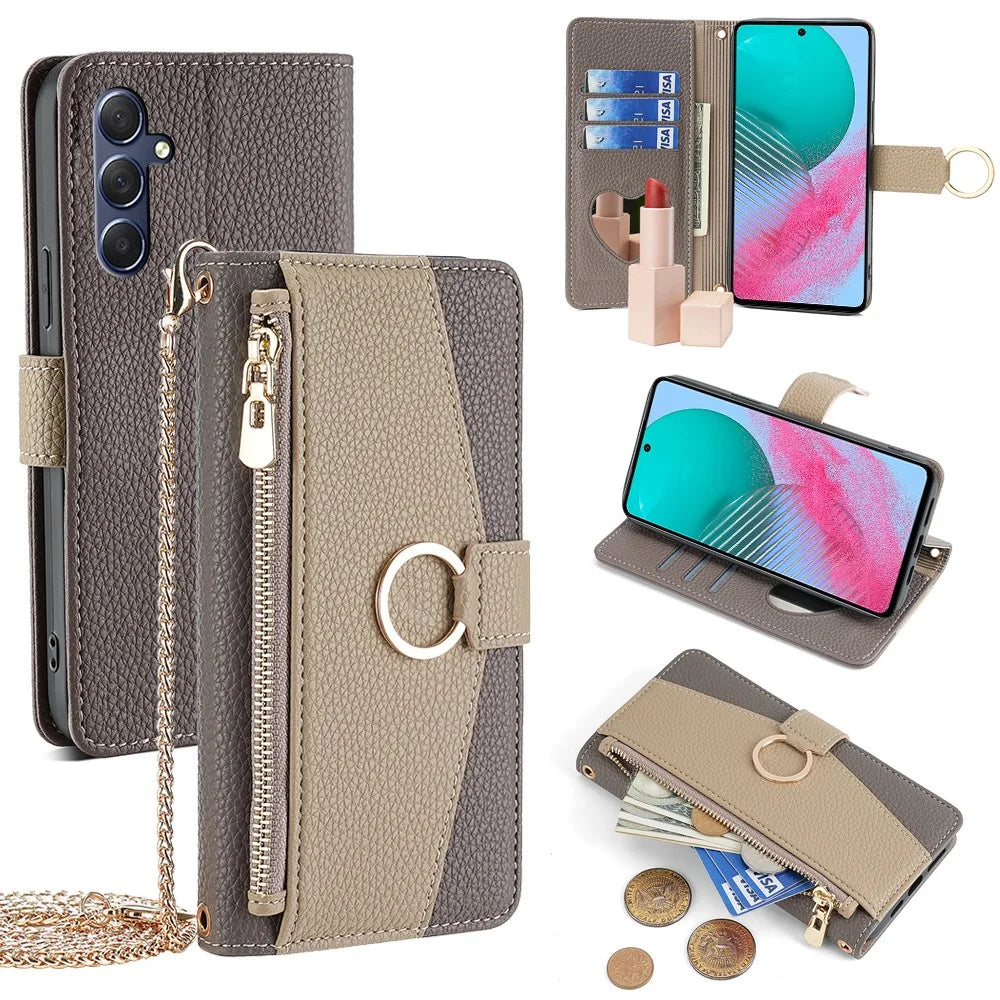 For Samsung Galaxy M54 5G / F54 5G Case PU Leather Shockproof Phone Cover with Crossbody Strap - Grey - 1