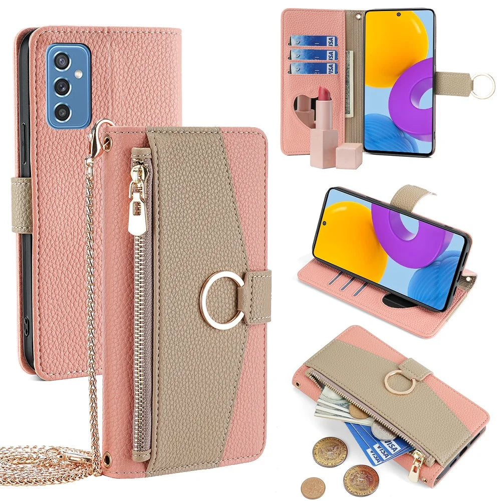 For Samsung Galaxy M52 5G Wallet Case Makeup Mirror Inside Crossbody PU Leather Phone Cover - Pink - 1