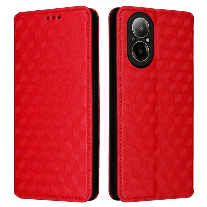 For Realme C67 4G / 12 Lite 4G PU Leather Case Flip Wallet Rhombus Imprinted Magnetic Folio Cover - Red - 1