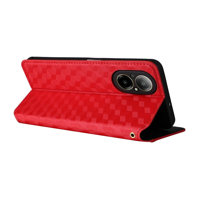 For Realme C67 4G / 12 Lite 4G PU Leather Case Flip Wallet Rhombus Imprinted Magnetic Folio Cover - Red - 4