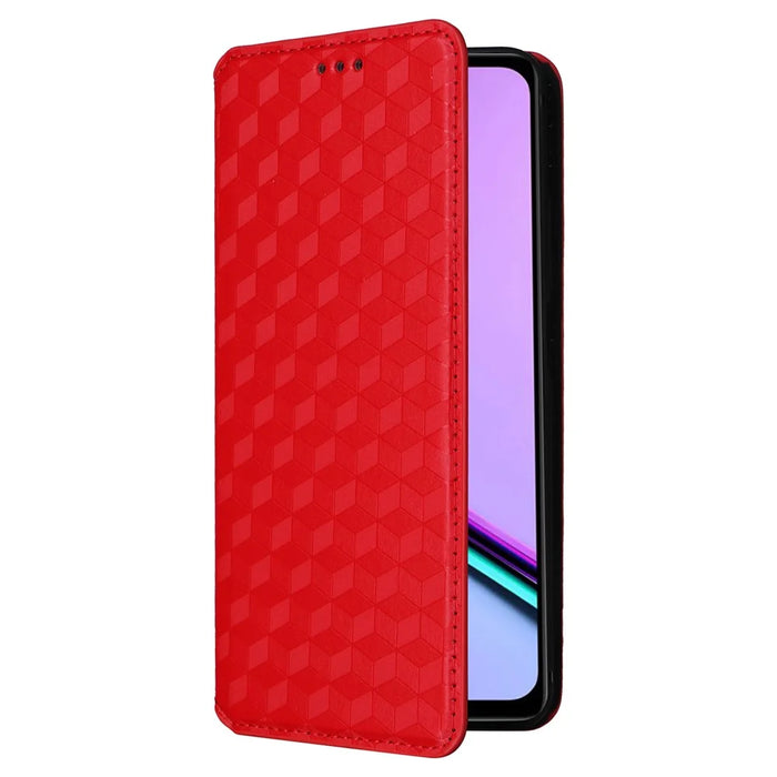 For Realme C67 4G / 12 Lite 4G PU Leather Case Flip Wallet Rhombus Imprinted Magnetic Folio Cover - Red - 5