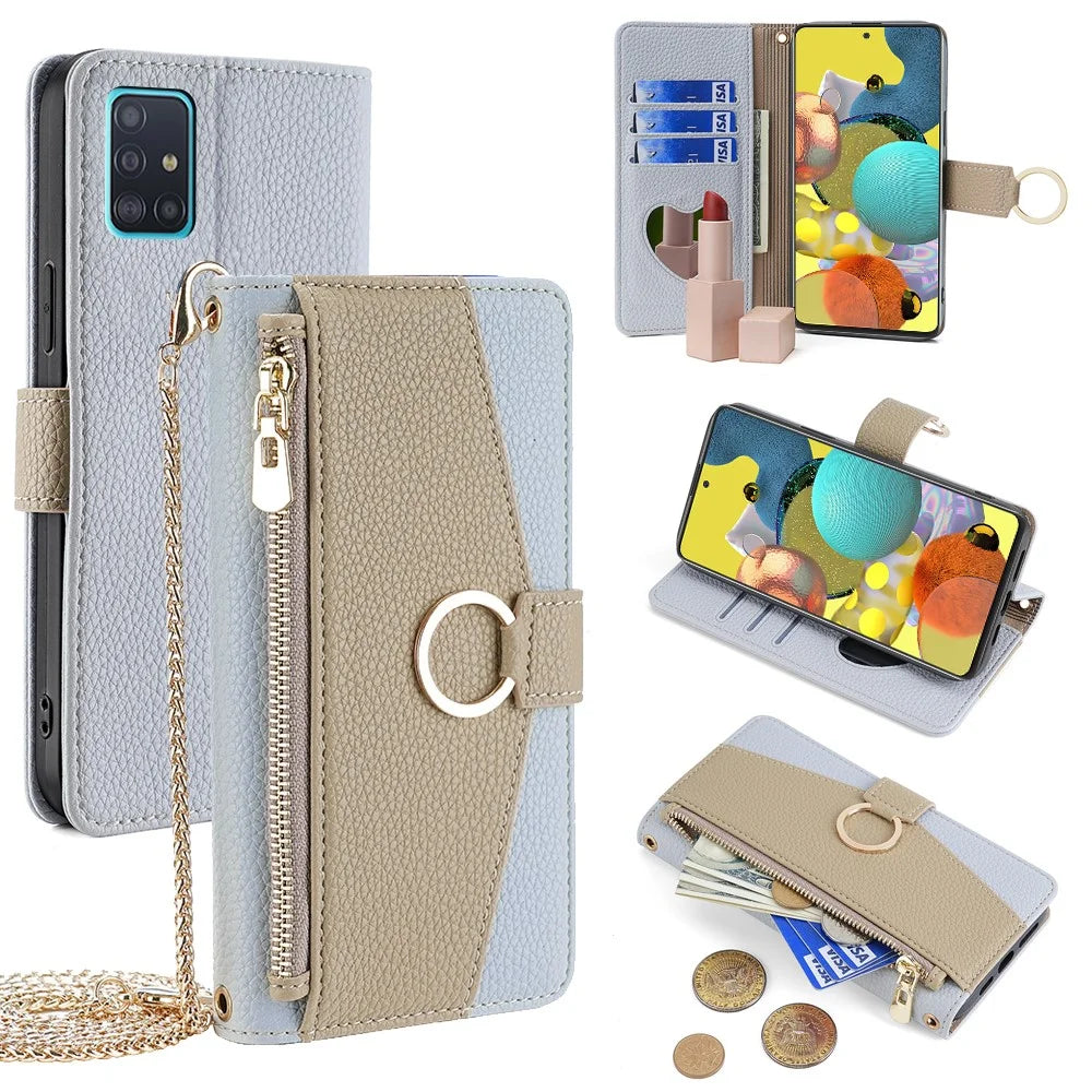 For Samsung Galaxy A51 5G SM-A516 Wallet Case Zipper PU Leather Crossbody Phone Cover - Blue - 1