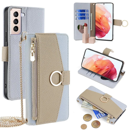 For Samsung Galaxy S21 4G / 5G Crossbody Case Zipper Pocket Makeup Mirror Phone Cover - Blue - 1