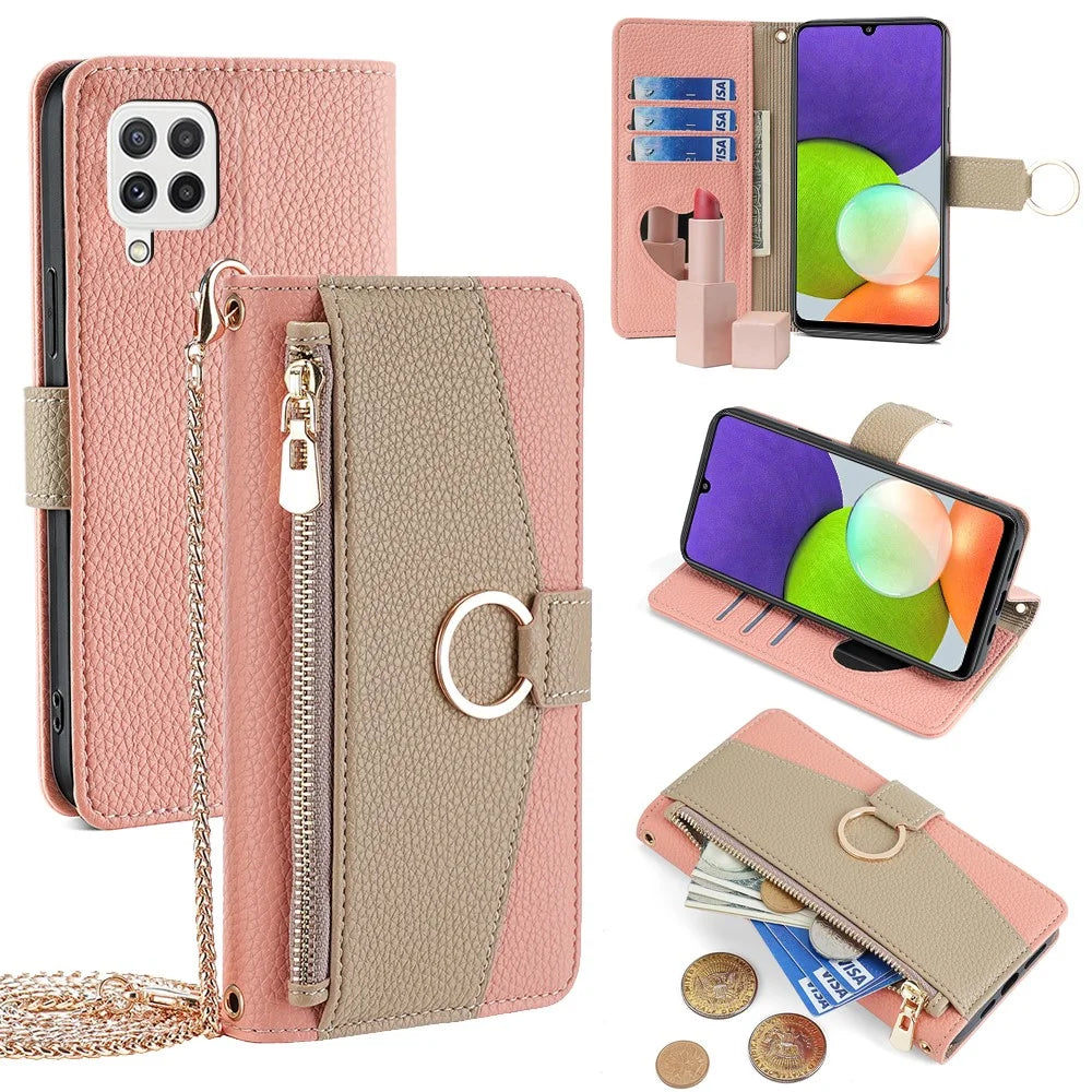 For Samsung Galaxy A22 4G (EU Version) Case Zipper Wallet Stand PU Leather Phone Cover - Pink - 1