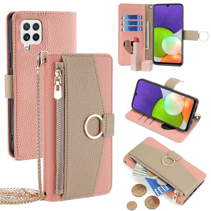 For Samsung Galaxy A22 4G (EU Version) Case Zipper Wallet Stand PU Leather Phone Cover - Pink - 1