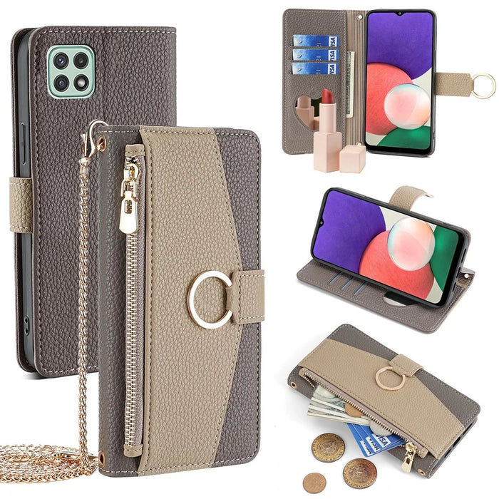 For Samsung Galaxy A22 5G (US Version) Case PU Leather Wallet Stand Cover with Shoulder Strap - Grey - 1
