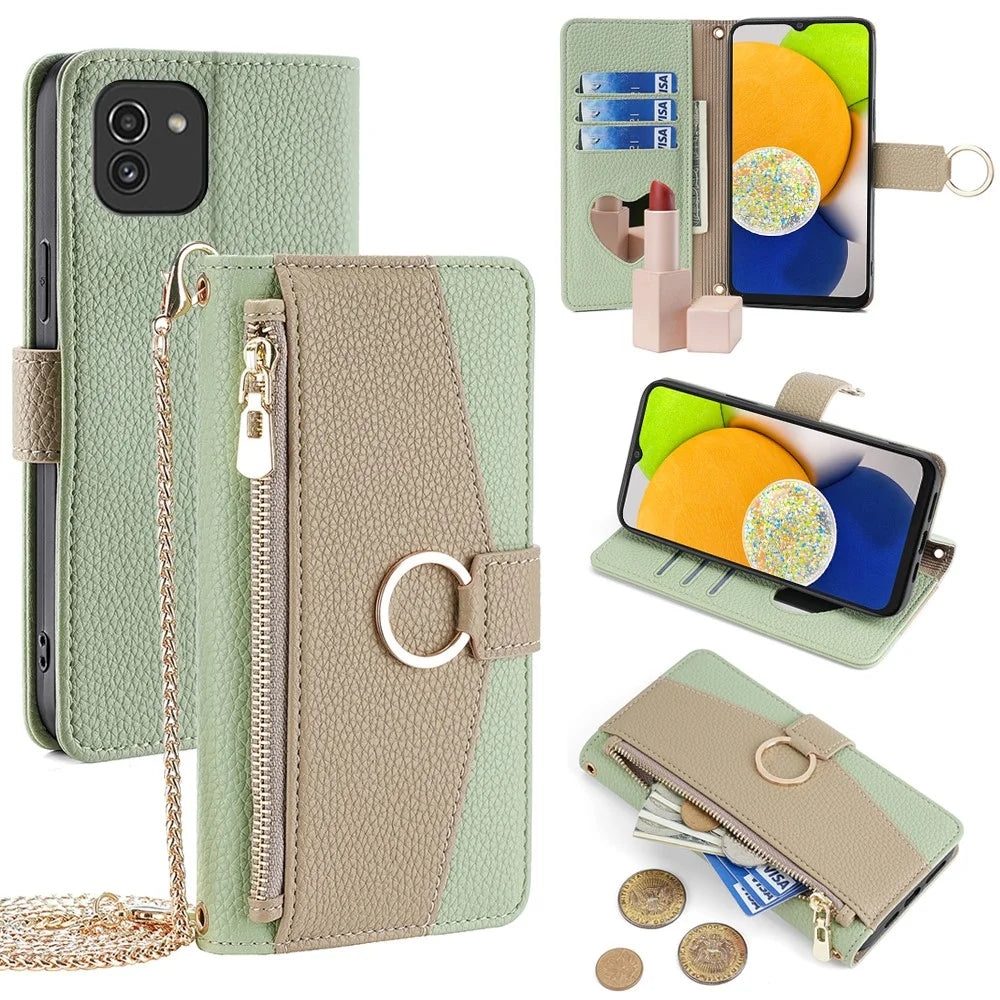 For Samsung Galaxy A03 (166.5mm) Case PU Leather Makeup Mirror Wallet Cover Stand - Green - 1