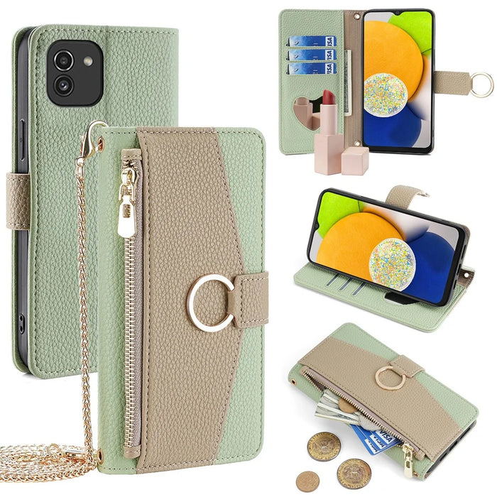 For Samsung Galaxy A03 (166.5mm) Case PU Leather Makeup Mirror Wallet Cover Stand - Green - 1