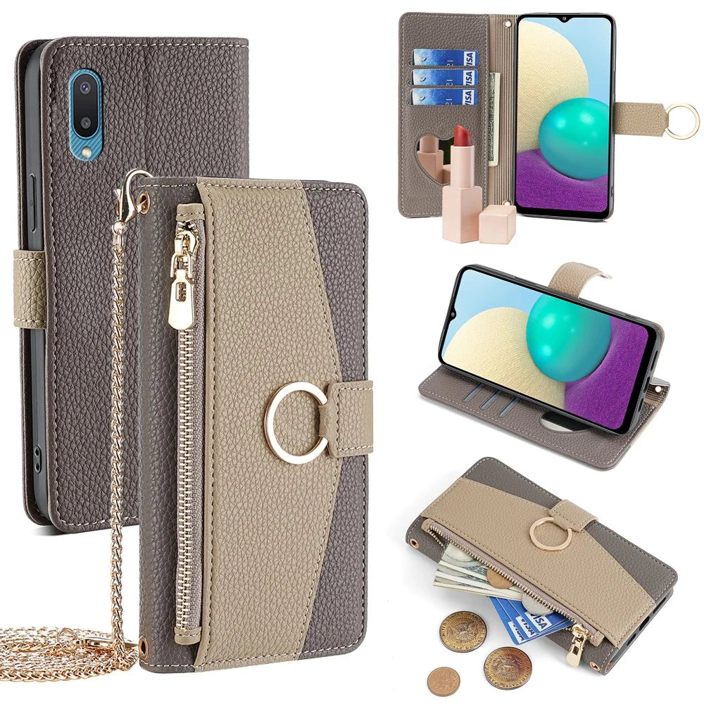 For Samsung Galaxy A02 Case PU Leather Wallet Stand Women Makeup Phone Cover with Strap - Grey - 1