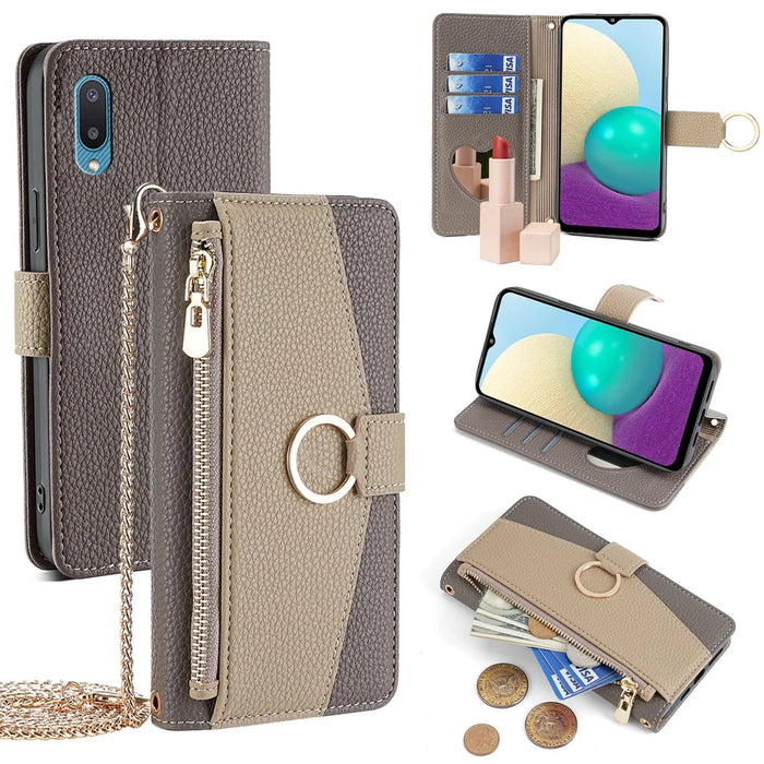For Samsung Galaxy A02 Case PU Leather Wallet Stand Women Makeup Phone Cover with Strap - Grey - 1