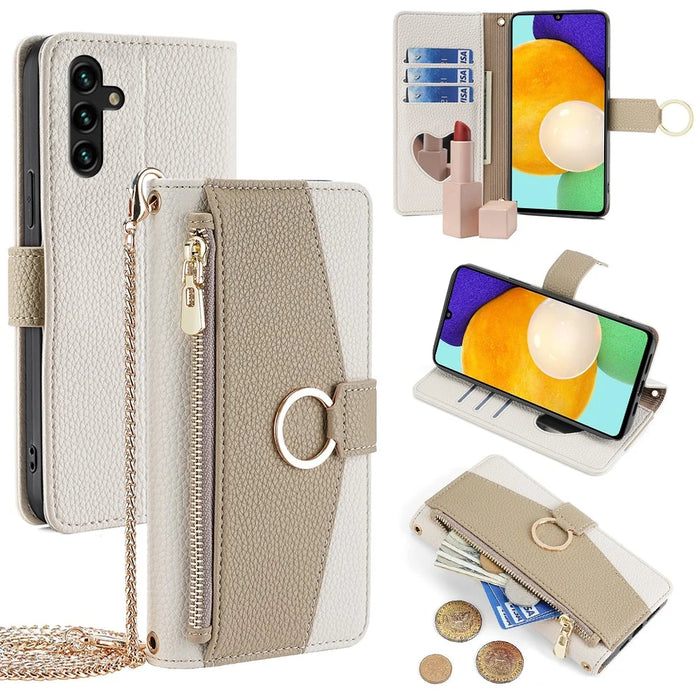 For Samsung Galaxy A13 5G Leather Case Wallet Stand Phone Cover with Shoulder Strap and Mirror - White - 1