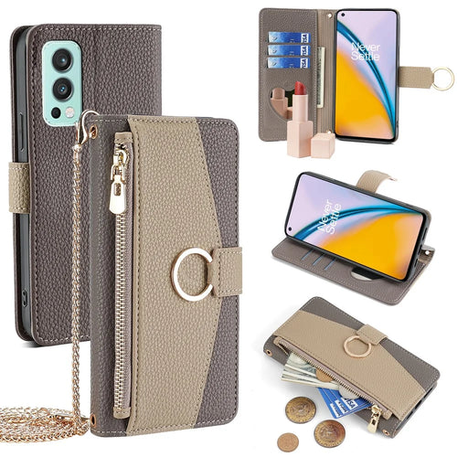For OnePlus Nord 2 5G Leather Case Phone Bag Cover Wallet Stand with Mirror and Chain Strap - Grey - 1