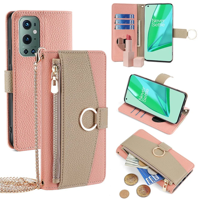 For OnePlus 9 Pro 5G Case Leather Phone Bag Cover Zipper Wallet Stand with Mirror Strap - Pink - 1