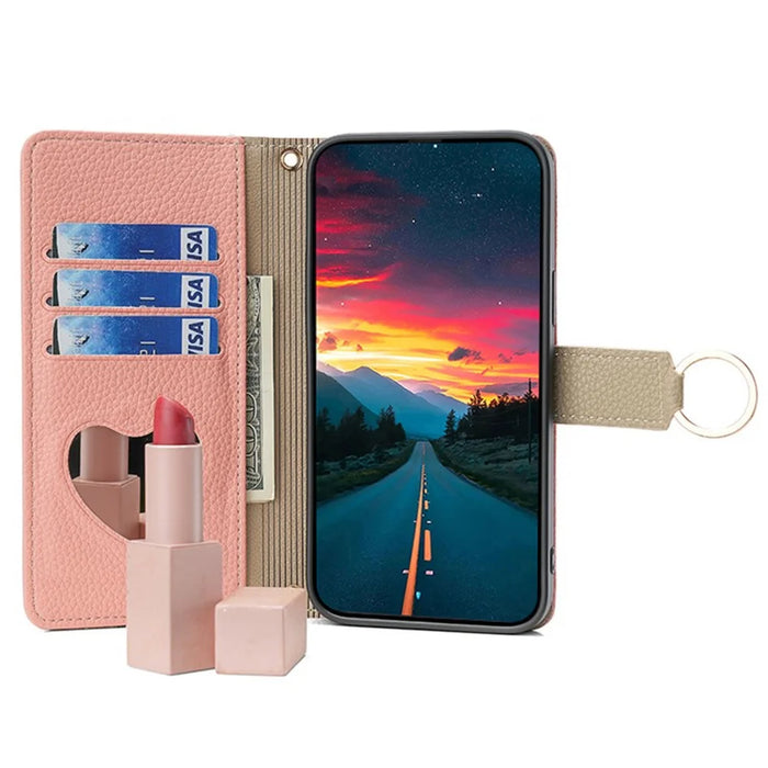 For OnePlus 9 Pro 5G Case Leather Phone Bag Cover Zipper Wallet Stand with Mirror Strap - Pink - 2