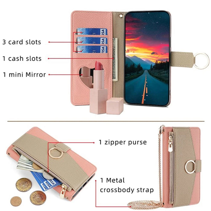 For OnePlus 9 Pro 5G Case Leather Phone Bag Cover Zipper Wallet Stand with Mirror Strap - Pink - 4