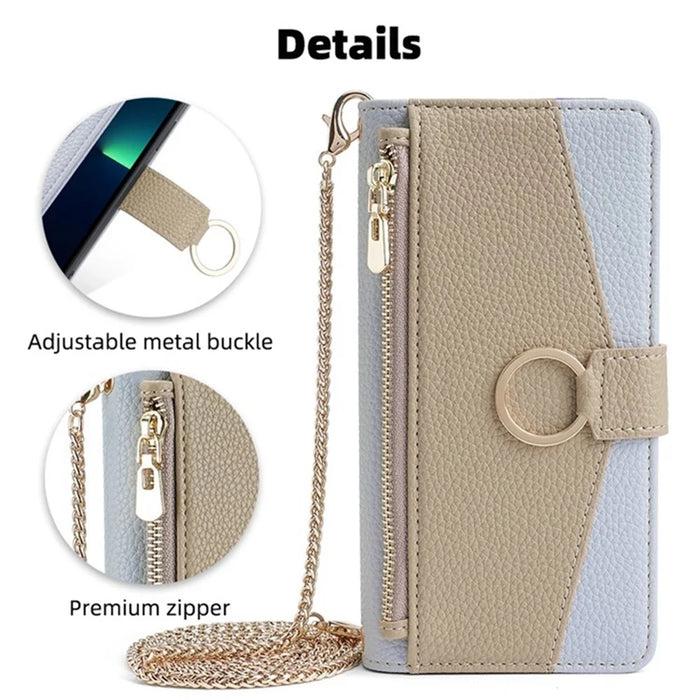 For OnePlus 9RT 5G Case Leather Phone Bag Cover Stand Card Holder with Chain Strap - Blue - 7
