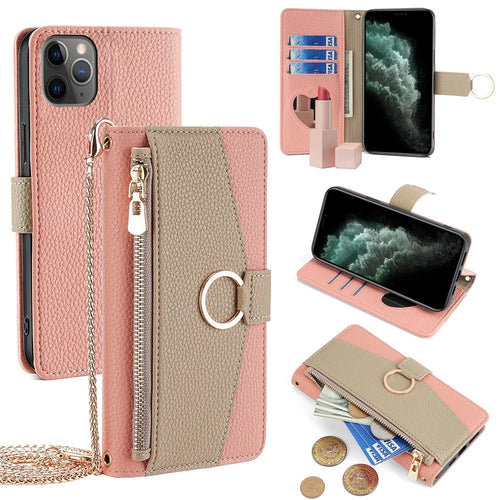 For iPhone 11 Pro Case Zipper Pocket Phone Bag Stand Cover with Makeup Mirror Strap - Pink - 1